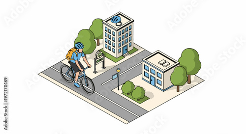 Isometric Illustration of a Man Commuting on a Bicycle in a City Street with Dedicated Bike Lanes and Modern Buildings