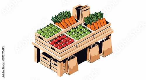 Isometric Farmers Market Stall with Fresh Apples and Carrots in Wooden Crates