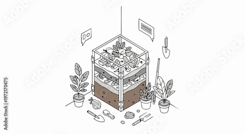 Isometric Illustration of a Compost Bin with Organic Waste Layers, Gardening Tools, and Potted Plants for Sustainable Living and Eco-Friendly Gardening Concepts