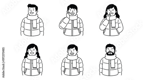 Line art illustration set of diverse people in winter puffer jackets and scarves. Happy characters wearing warm clothes for cold weather.