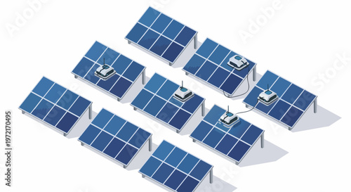 Automated Cleaning Robots on Solar Panel Array Isometric Illustration, Renewable Green Energy Maintenance and Smart Technology Concept