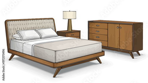 Mid century modern bedroom furniture set with bed nightstand dresser and lamp on white background