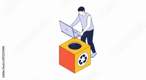 Man Recycling Laptop into E-waste Bin Isometric Illustration, Electronic Waste Management and Environmental Sustainability Concept