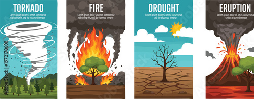 Natural disaster vector vertical banners set featuring tornado, forest fire, drought with cracked earth, and volcanic eruption with hot lava