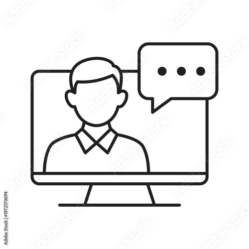 Online video chat icon showing desktop monitor with person and speech bubble representing digital communication streaming and virtual conversation