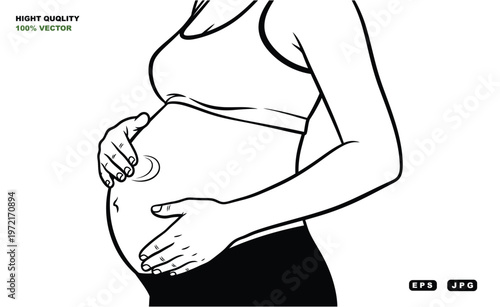 A pregnant woman in a black and white illustration holding her belly with both hands.