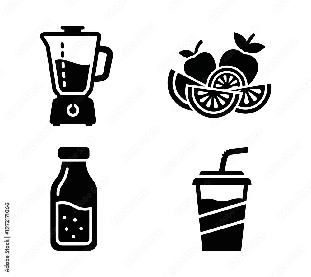 Fototapeta premium Collection of essential icons for healthy beverages, including a blender, fresh fruits, a juice bottle, and a drink cup, representing preparation and enjoyment