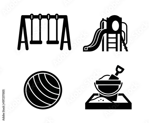 Black silhouette icons of playground equipment swing set, slide, play ball, sandbox with shovel and bucket. Ideal for children's outdoor recreation, active fun, childhood joy