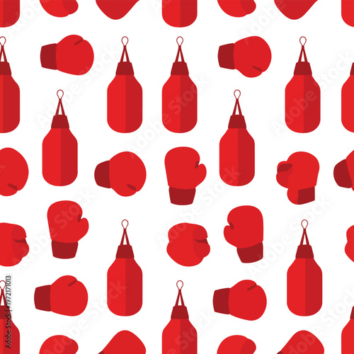 Red boxing gloves and punching bags pattern. Suitable for sports content, fitness designs, martial arts concepts, and gymrelated projects.
