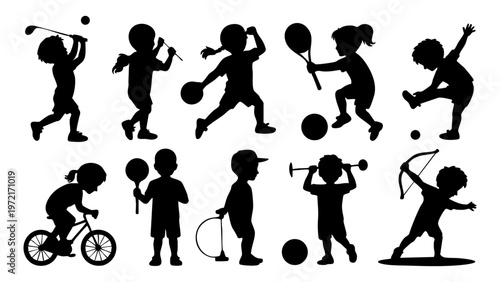 Kids Playing Sports Silhouette Set, Children Outdoor Sports Activities Silhouette, Active Kids Playing Different Sports Silhouettes, Little Children Sports Activity Black Silhouette Collection
