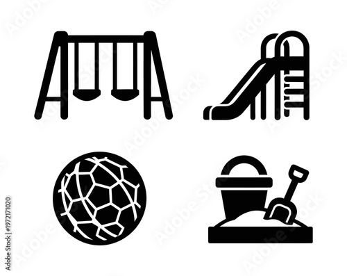Playground equipment icons swings, slide, ball, and sandbox for children's entertainment and outdoor fun