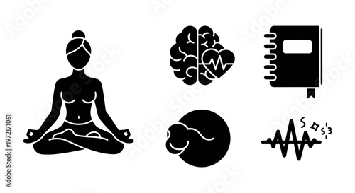 Diverse Icon Set for Mindfulness, Mental Well-being, and Holistic Practices, Featuring Yoga, Brain Health, Journaling, Pregnancy Journey, and Meditative Sounds