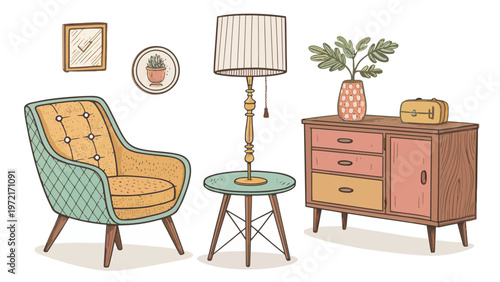 Retro furniture collection with chair lamp side table dresser and decor isolated on white background