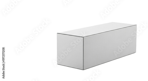 a substantial rectangular ingot of brushed aluminum, featuring a matte finish and horizontal grain, rests on a reflective white surface with soft shadow, showcasing industrial precision