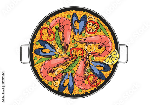 Delicious Seafood Paella Dish Top View Illustration.