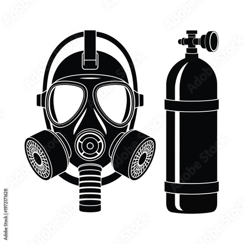 Black and white illustration of a vintage diving mask and air tank