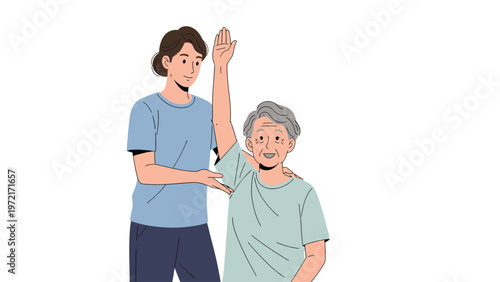 Caregiver assisting senior with arm exercise for physical therapy and rehabilitation