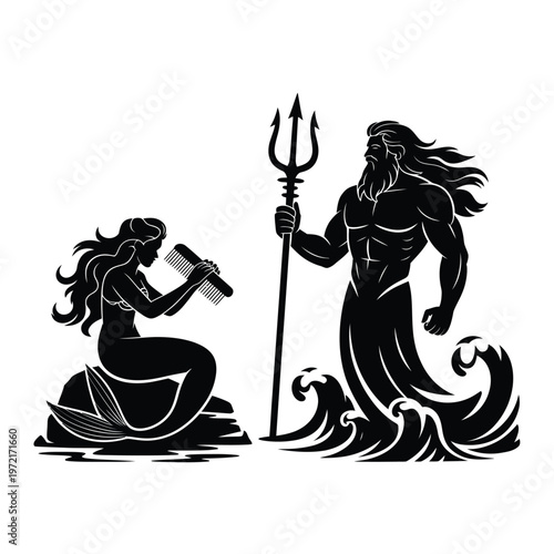 Poseidon and a mermaid in a black and white mythological illustration