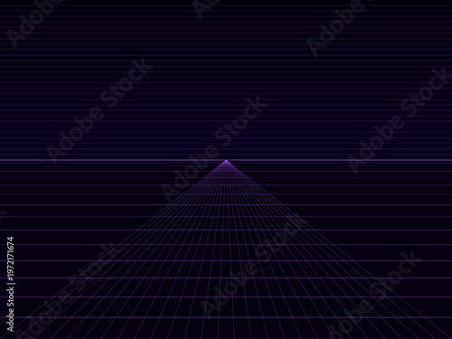 Cyberpunk Neon Wireframe Grid Landscape Futuristic Vector Art