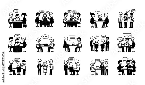 Office teamwork and communication scenes business people collaboration flat black and white vector set isolated on white