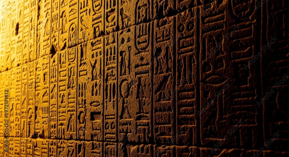 Obraz premium Ancient Egyptian hieroglyphs carved into a stone wall, illuminated by golden light.