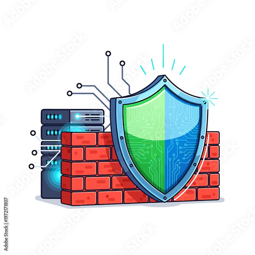 Shield on brick wall with server.