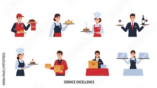 Service Excellence: Diverse Professionals in Hospitality, Delivery, and Customer Service Roles