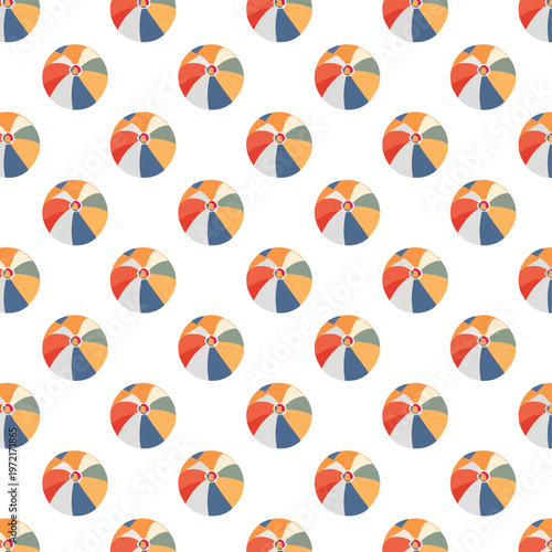 Repeating pattern of colorful beach balls on white background. Suitable for summerthemed designs, beach party invitations, and childrens products.