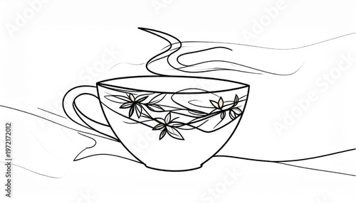 A detailed sketch of a steaming cup of tea with floral design.