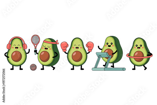 Animated avatars of avocados engaging in various activities and expressions Vector