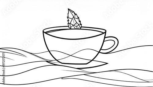 A simple drawing of a cup of tea with a mint leaf on top.