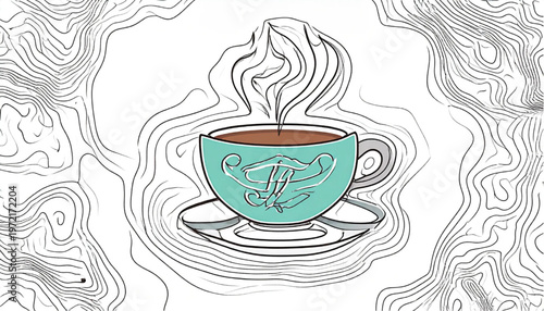 A steaming cup of coffee with a Friends logo on it.