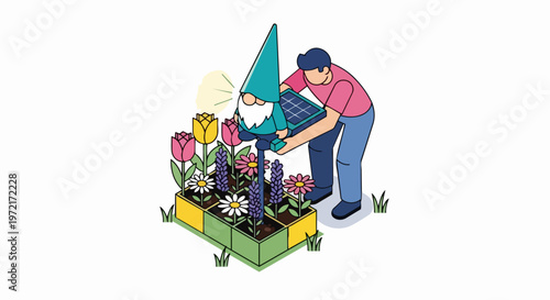 Isometric Illustration of a Man Installing a Solar-Powered Garden Gnome in a Vibrant Flower Bed, Promoting Sustainable Energy and Modern Home Gardening