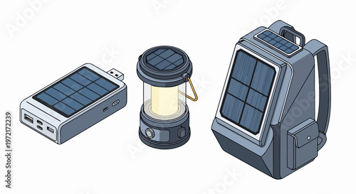 Isometric Set of Solar Powered Outdoor Gadgets including a Power Bank, Camping Lantern, and Backpack for Sustainable Travel and Adventure