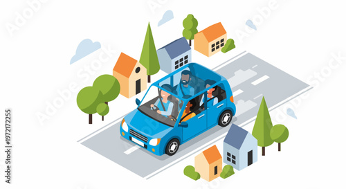 Isometric Vector Illustration of a Happy Family in a Blue Car Driving Through a Suburban Neighborhood for a Road Trip