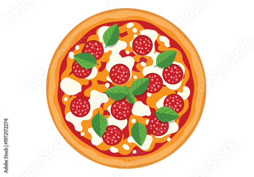 Delicious Pepperoni Pizza with Fresh Basil Leaves.