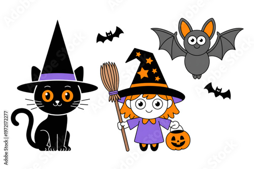 Halloween girl with a black cat and flying bat decorations Vector