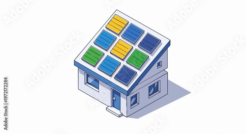 Isometric House with Colorful Solar Panels for Renewable Energy Concept