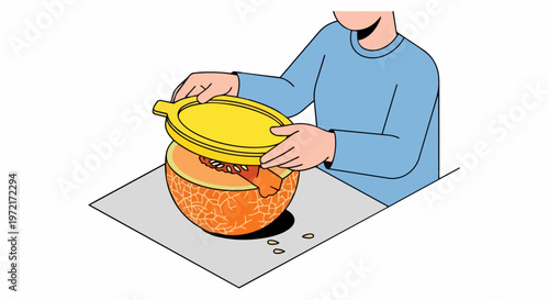 Person Using Reusable Silicone Lid to Cover Cut Cantaloupe for Freshness, Sustainable Kitchen Storage Concept Illustration