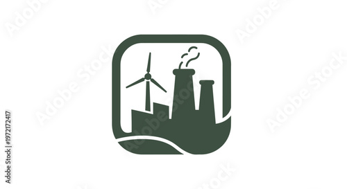 Green Energy Production Icon Depicting Wind Turbine and Factory.