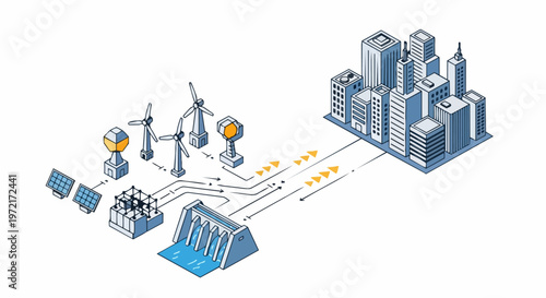 Isometric Vector Illustration of a Sustainable Energy Smart Grid Powering a Modern City with Renewable Sources like Wind, Solar, and Hydro Power