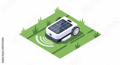 Isometric Robotic Lawn Mower with Solar Panels Cutting Grass. Autonomous Electric Mower Vector Illustration for Smart Landscaping and Green Technology