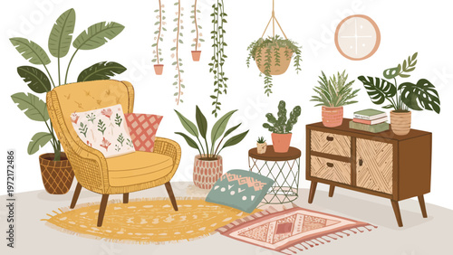 Boho mid century decor set with plants cushions and fur rug in a cozy living room with hanging greenery and a yellow armchair