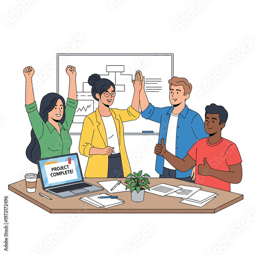 Diverse team celebrating project completion.