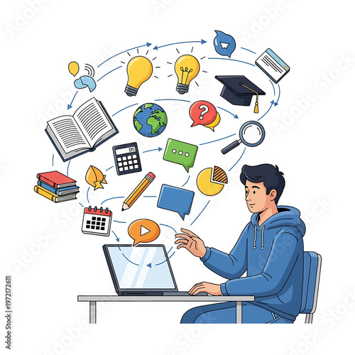 Young man using laptop for education.