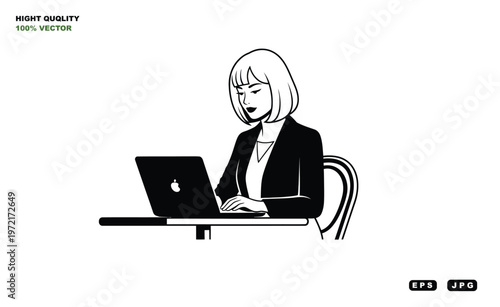 A professional woman working on her laptop in a modern office setting