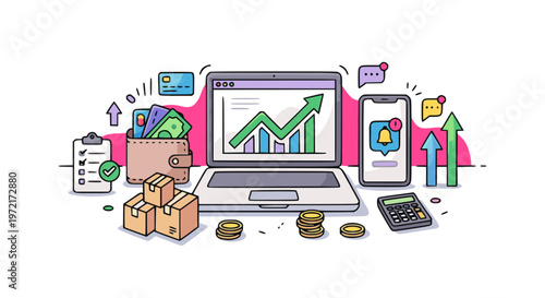 Modern Side Hustle Illustration – Digital Income and Business Tools Kit