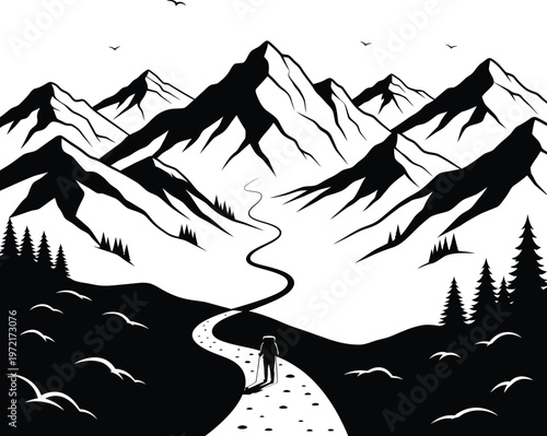 Minimalist Mountain Hiker Vector Illustration