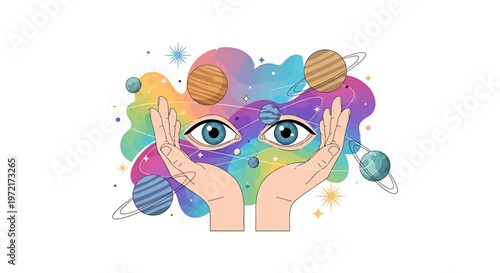 Hands covering face with colorful eyes.