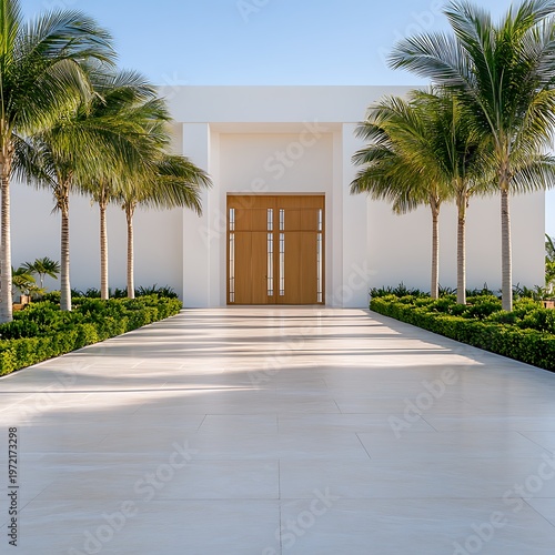 Modern architectural entrance with palm trees and lush greenery in a sunny tropical environment, showcasing elegance and tranquility